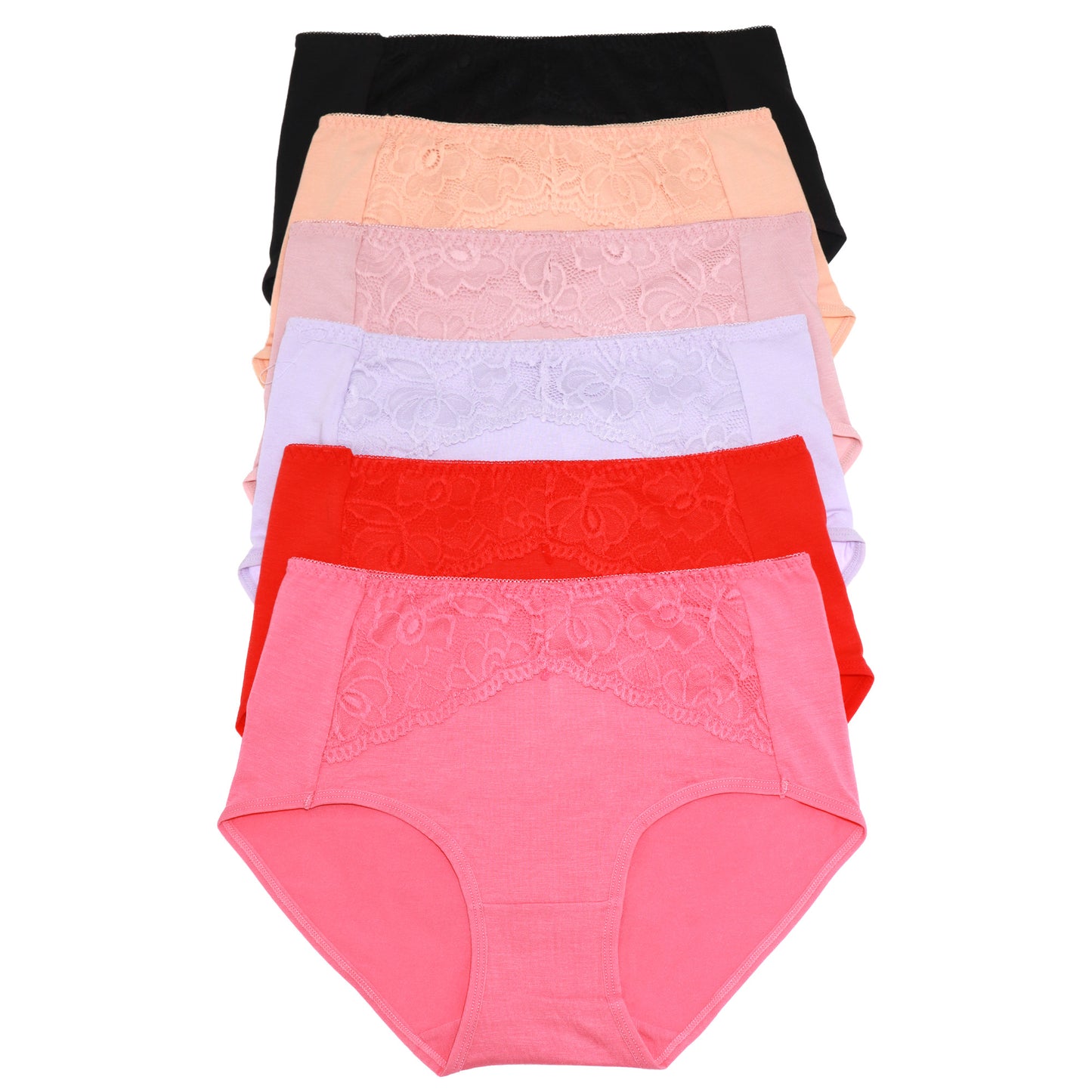 Cotton Mid-Rise Brief Panties with Flower Lace (6-Pack)