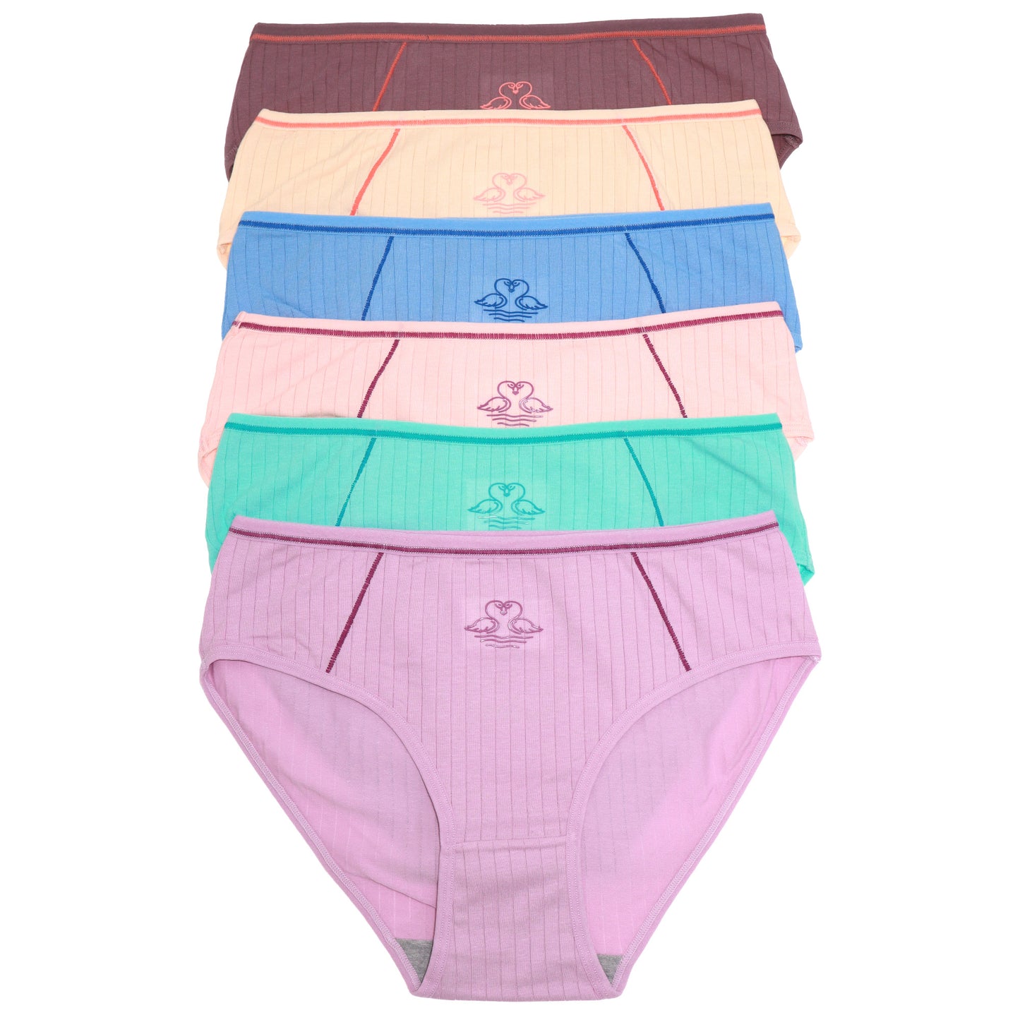 Cotton Ribbed Bikini Panties with Swans Detail (6-Pack)