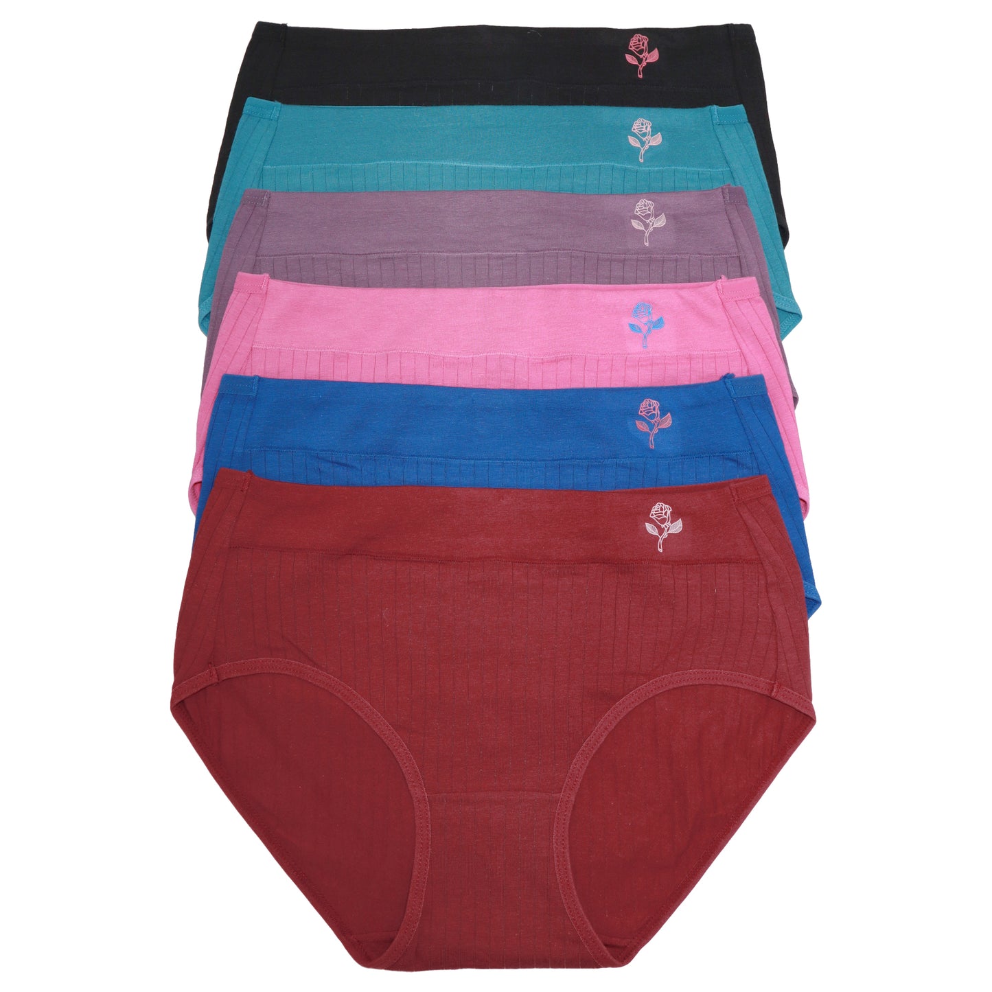 Ribbed Hiphugger Panties with Rose Detail (6-Pack)
