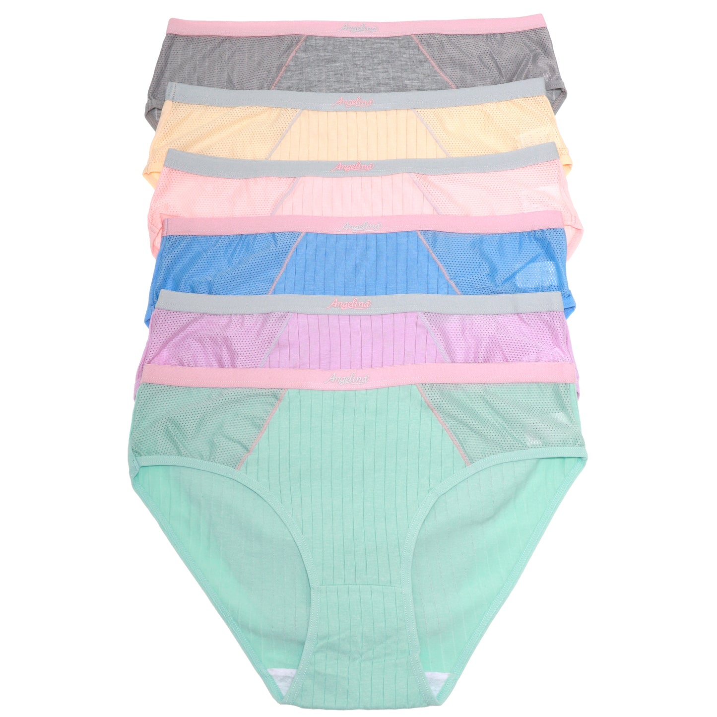 Ribbed Cotton Bikini Panties with Mesh Panels (6-Pack)