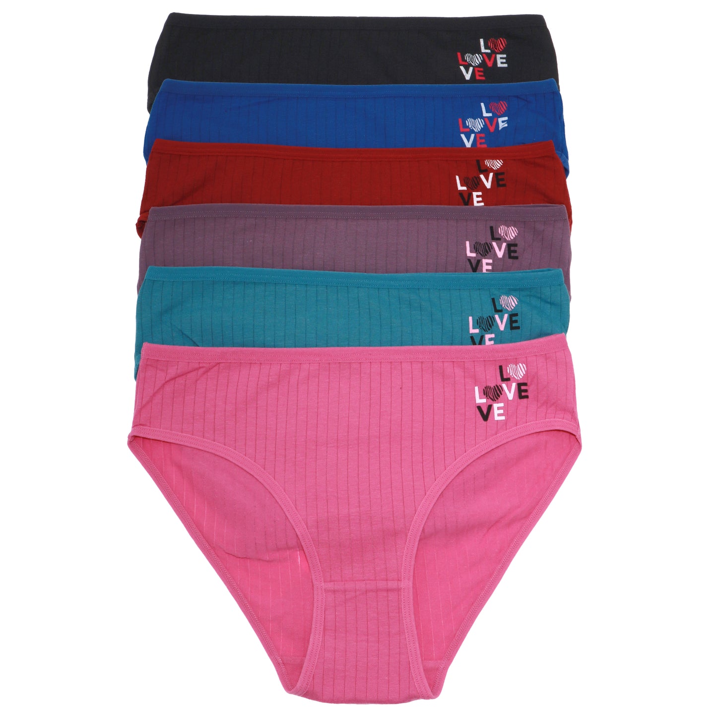 Cotton Ribbed Bikini Panties with Love Detail (6-Pack)