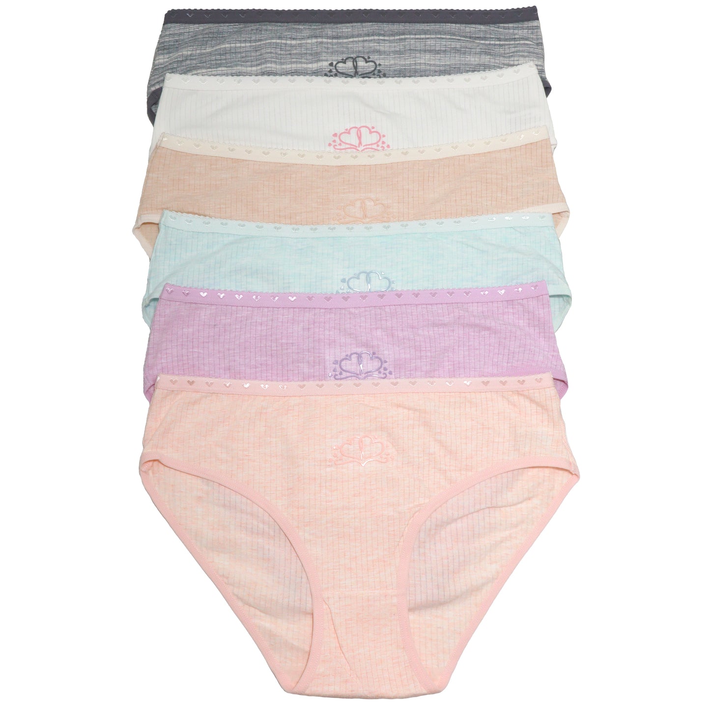 Cotton Ribbed Bikini Panties with Hearts (6-Pack)
