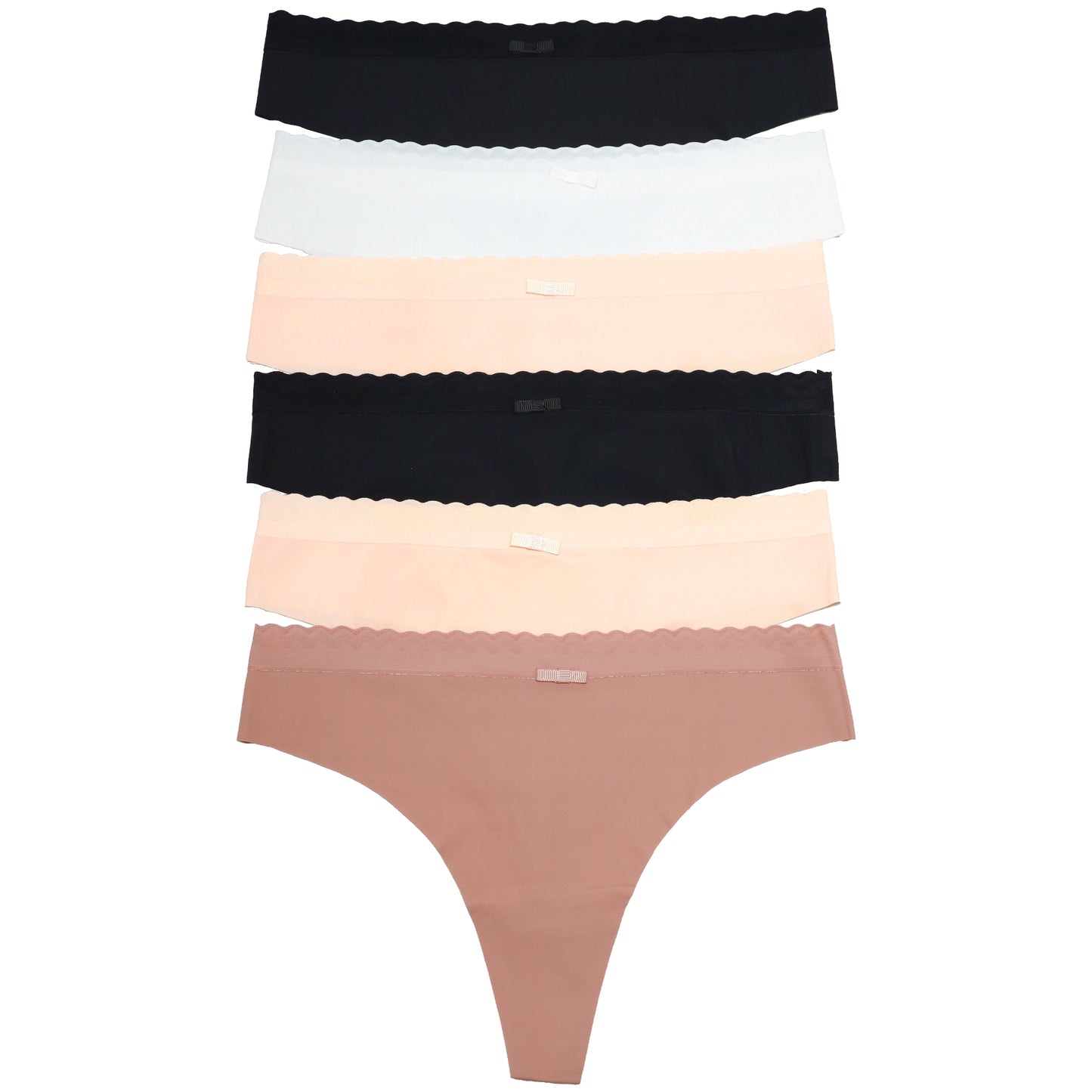 Nylon Laser Cut Thong with Scalloped Waistband (6-Pack)