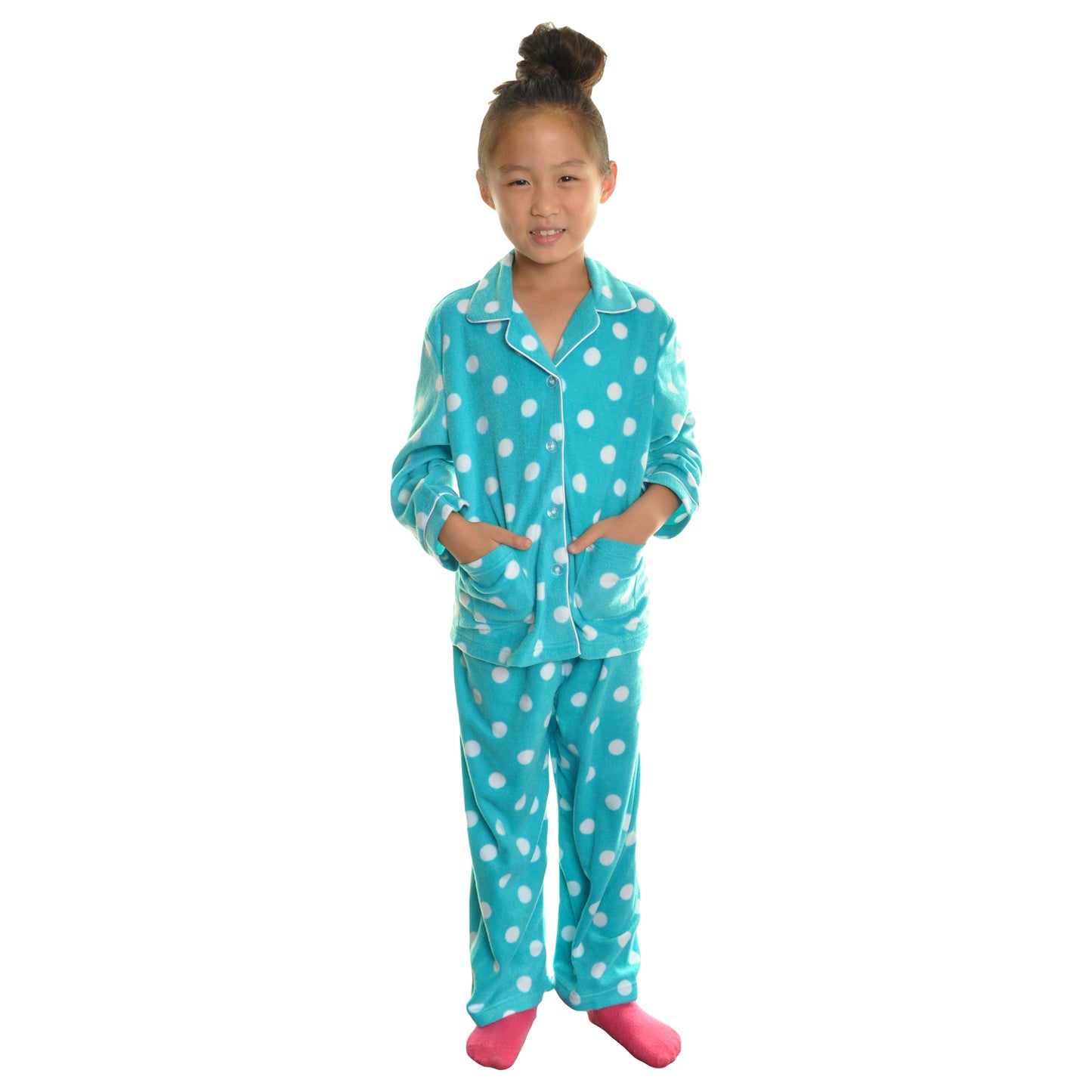 Girl's Cozy Fleece Notch Collar Pajama Set with Pockets (1-Pack)