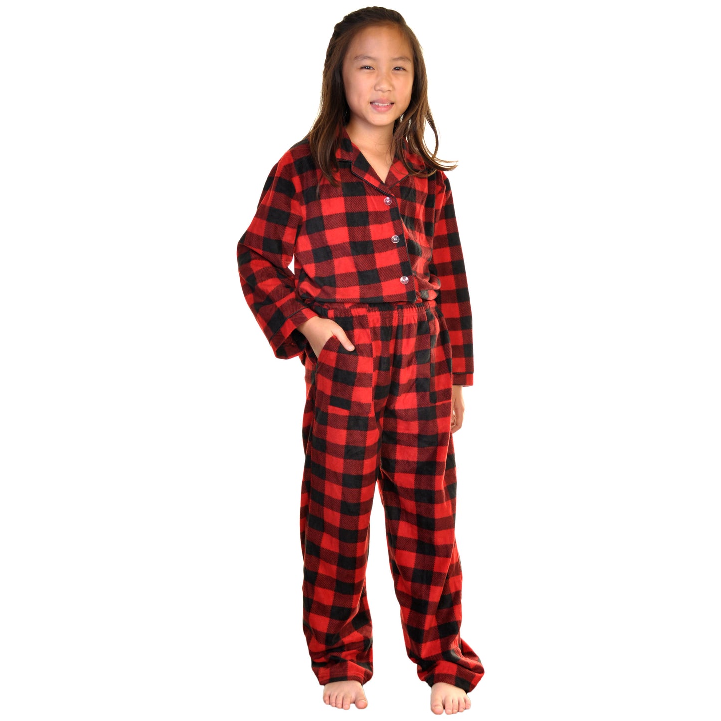Girl's Cozy Fleece Notch Collar Pajama Set with Pockets (1-Pack)