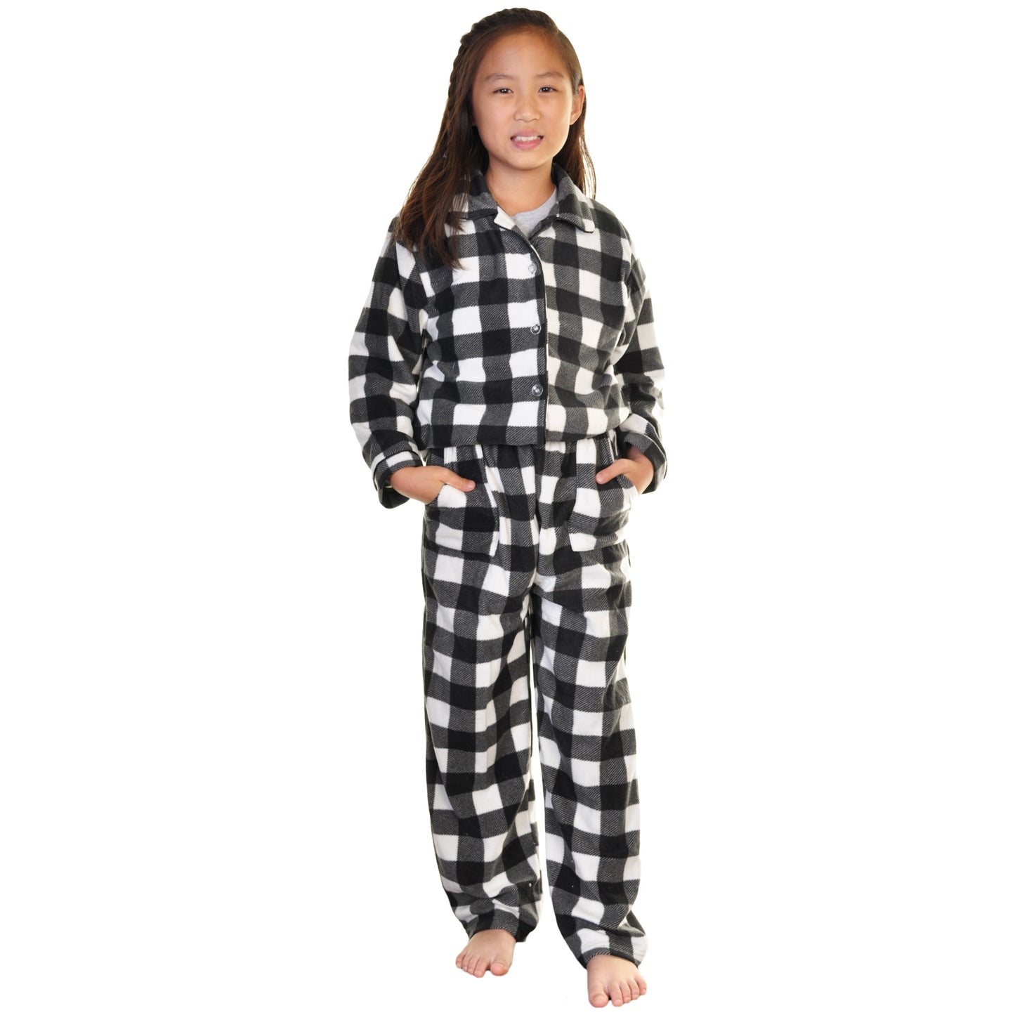 Girl's Cozy Fleece Notch Collar Pajama Set with Pockets (1-Pack)