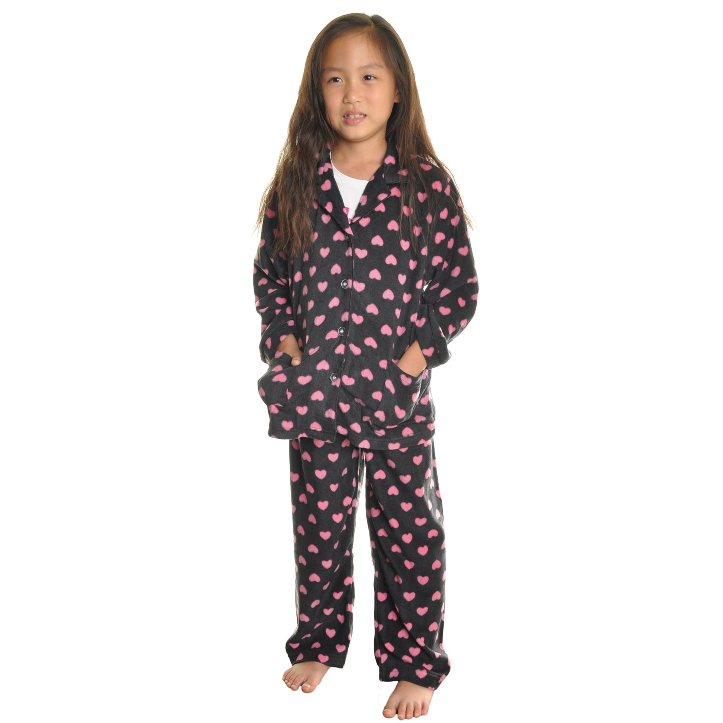 Girl's Cozy Fleece Notch Collar Pajama Set with Pockets (1-Pack)