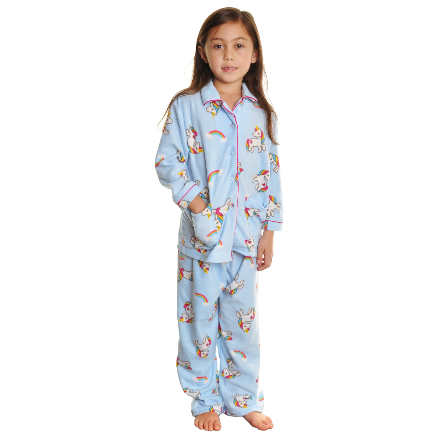 Girl's Cozy Fleece Notch Collar Pajama Set with Pockets (1-Pack)