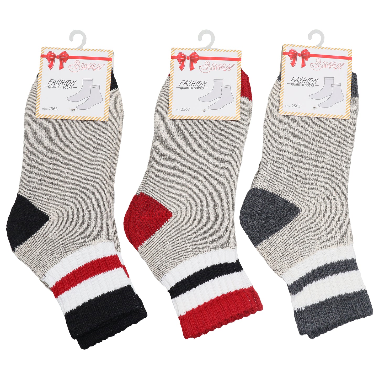 Unisex Quarter Socks with Striped Pattern Cuff (3-Pairs)