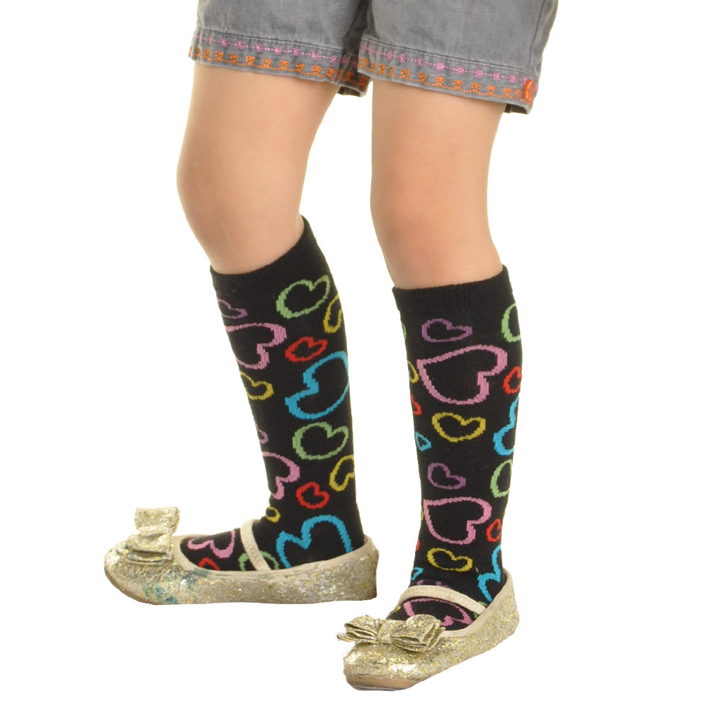 Girls Cotton Knee-High Socks with Hearts Design (6-Pairs)