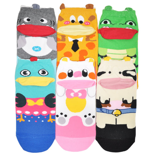 Cotton Ankle Socks With Animal Character Heel Design (6-Pairs)