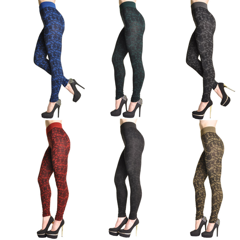 Footless Leggings with Floral Lace Jacquard Design (1-Pack)