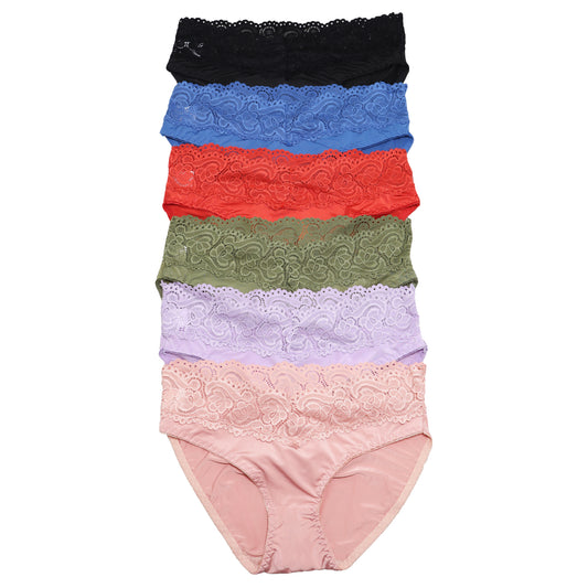 Satin Bikini Panties with Lace Waist Design (6-Pack)