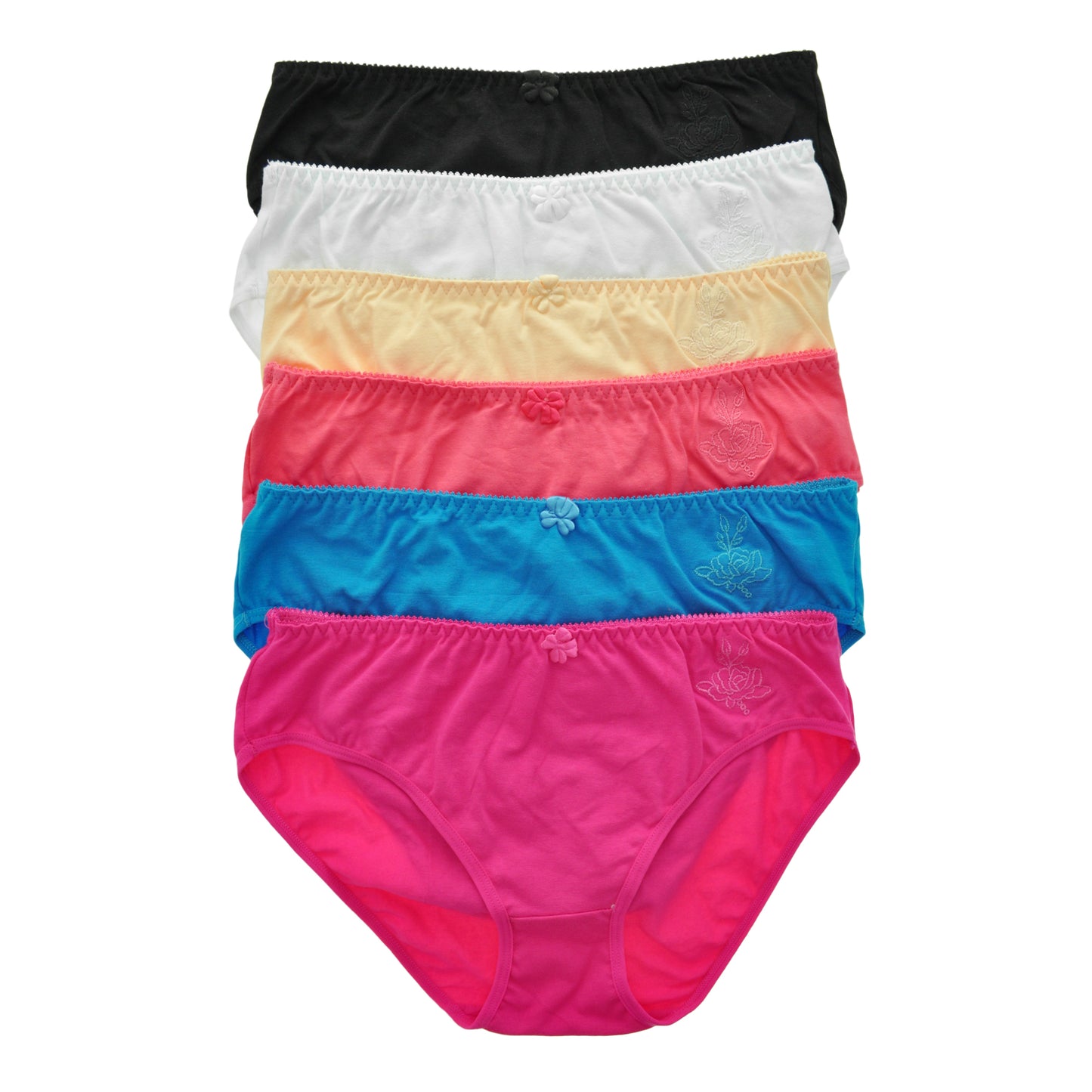 Cotton Mid-Rise Bikini with Embroidered Rose Design (6-Pack)