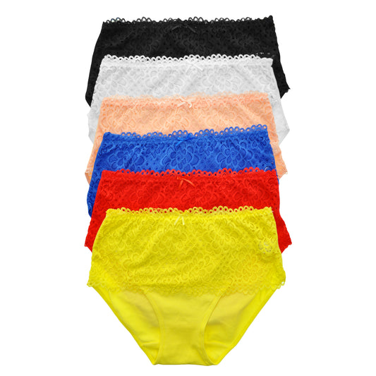 Cotton Mid-Rise Briefs with Floral Lace Front (6-Pack)