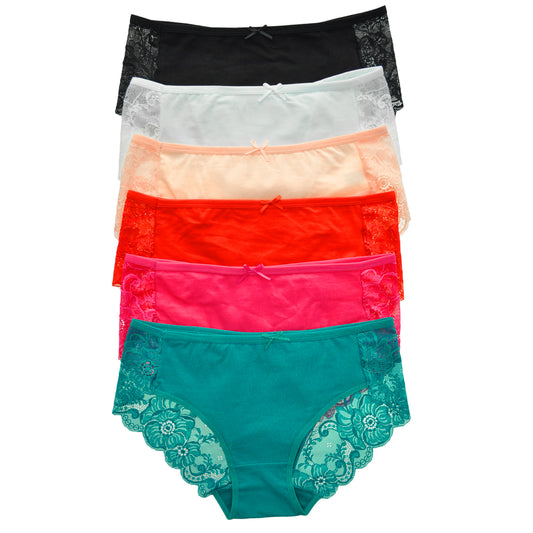 Cotton Hiphuggers with Cheeky Floral Lace Accent (6-Pack)