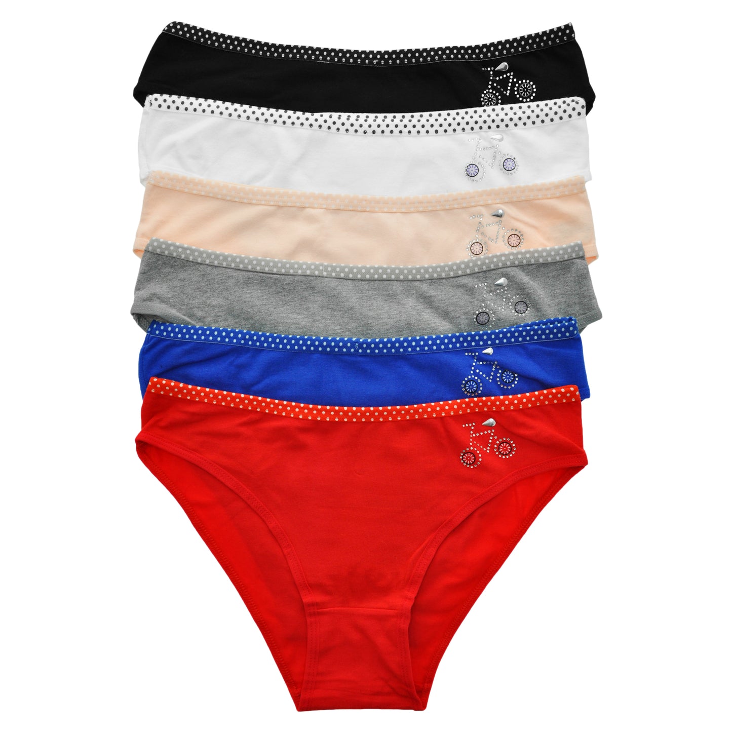 Cotton Bikini Panties with Rhinestone Bicycle Detail (6-Pack)