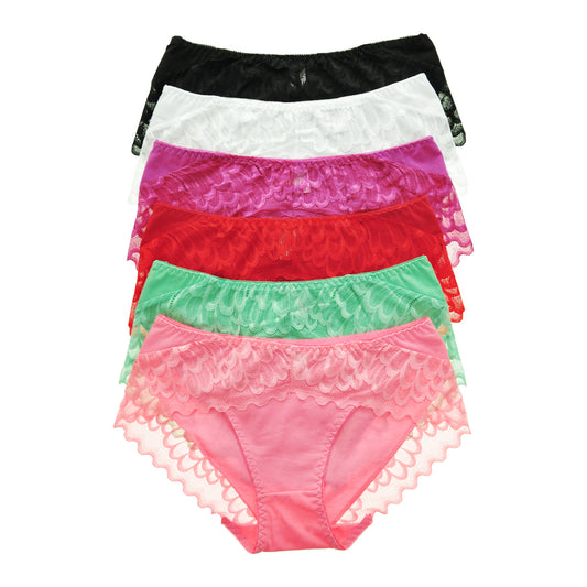 Cotton Mid-Rise Briefs with Ruffle Lace Trim (6-Pack)