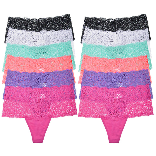 Cotton Thong Panties with Flower Lace Waist (12-Pack)