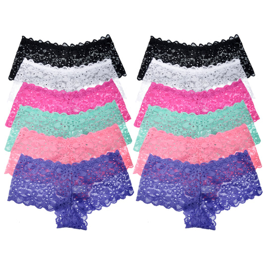 Floral Lace Cheeky Boxer Panties (12-Pack)