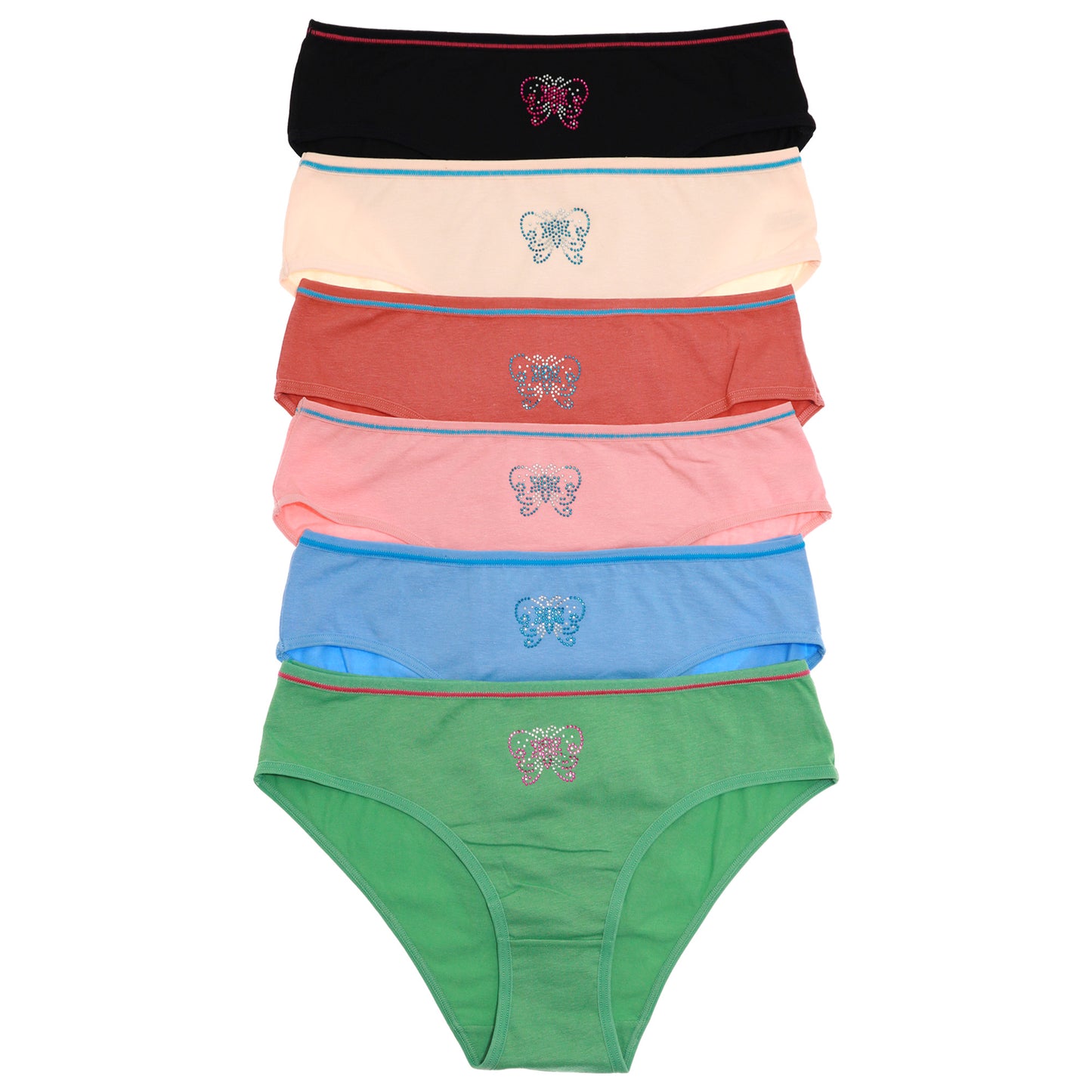 Cotton Bikini Panties with Butterfly Rhinestone (6-Pack)