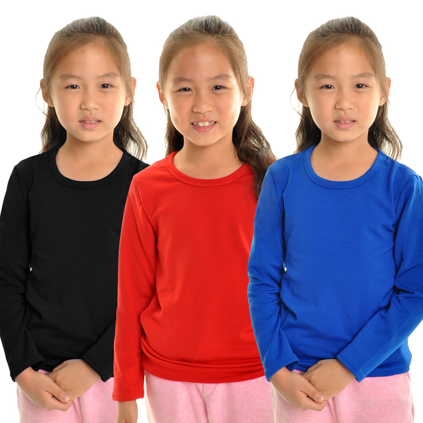 Girls' Brushed Fleece Long-Sleeve Crewneck Thermal Tops (3-Pack)