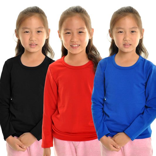 Girls' Brushed Fleece Long-Sleeve Crewneck Thermal Tops (3-Pack)