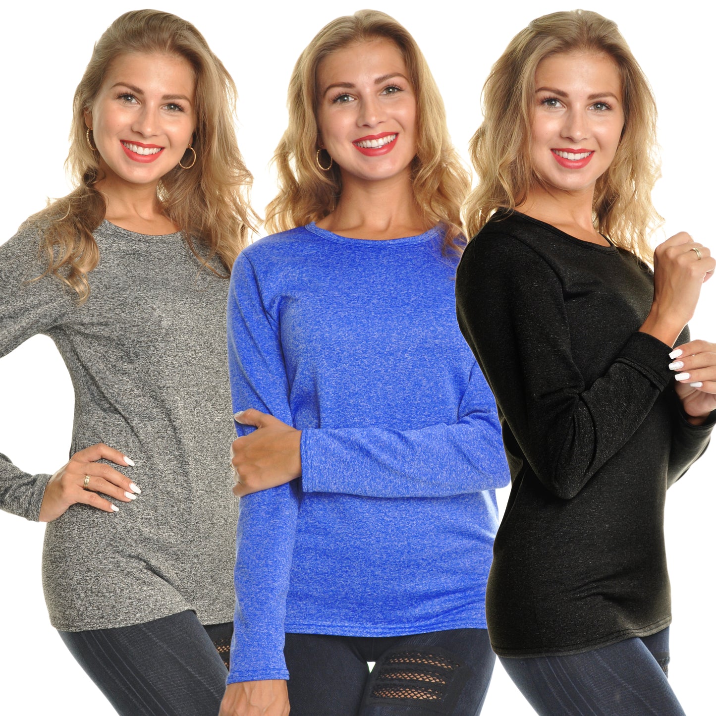 Women's Brushed Fleece Long-Sleeve Crewneck Thermal Tops (3-Pack)