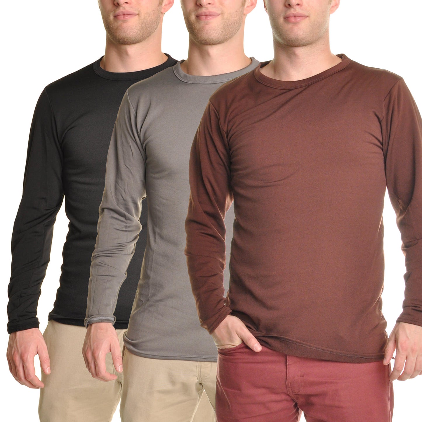 Men's Brushed Fleece Long-Sleeve Crewneck Thermal Tops (3-Pack)