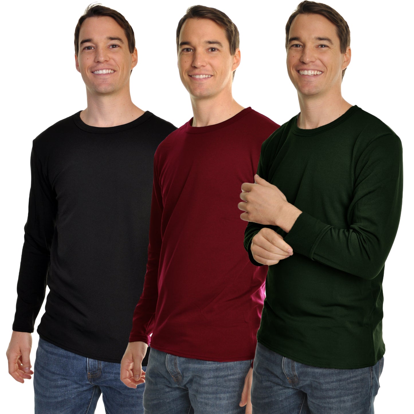 Men's Brushed Fleece Long-Sleeve Crewneck Thermal Tops (3-Pack)
