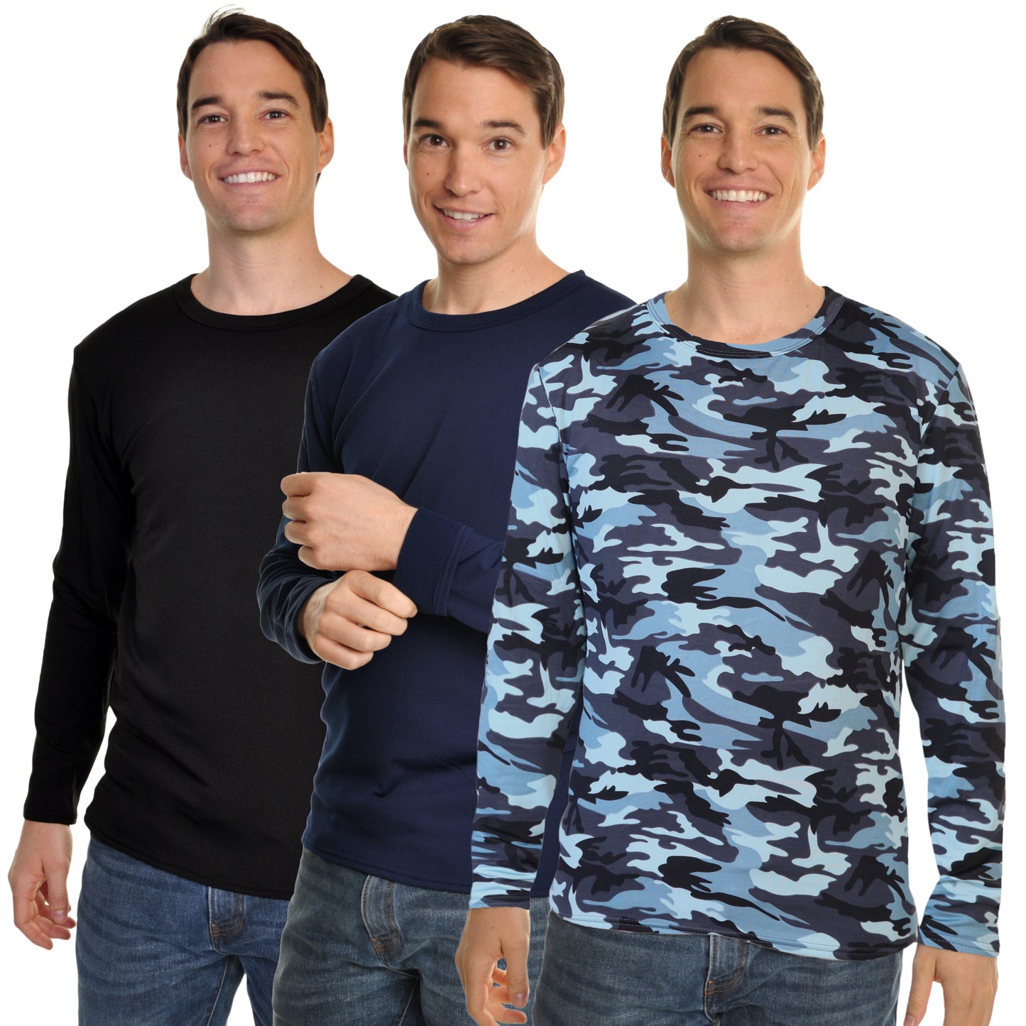 Men's Brushed Fleece Long-Sleeve Crewneck Thermal Tops (3-Pack)
