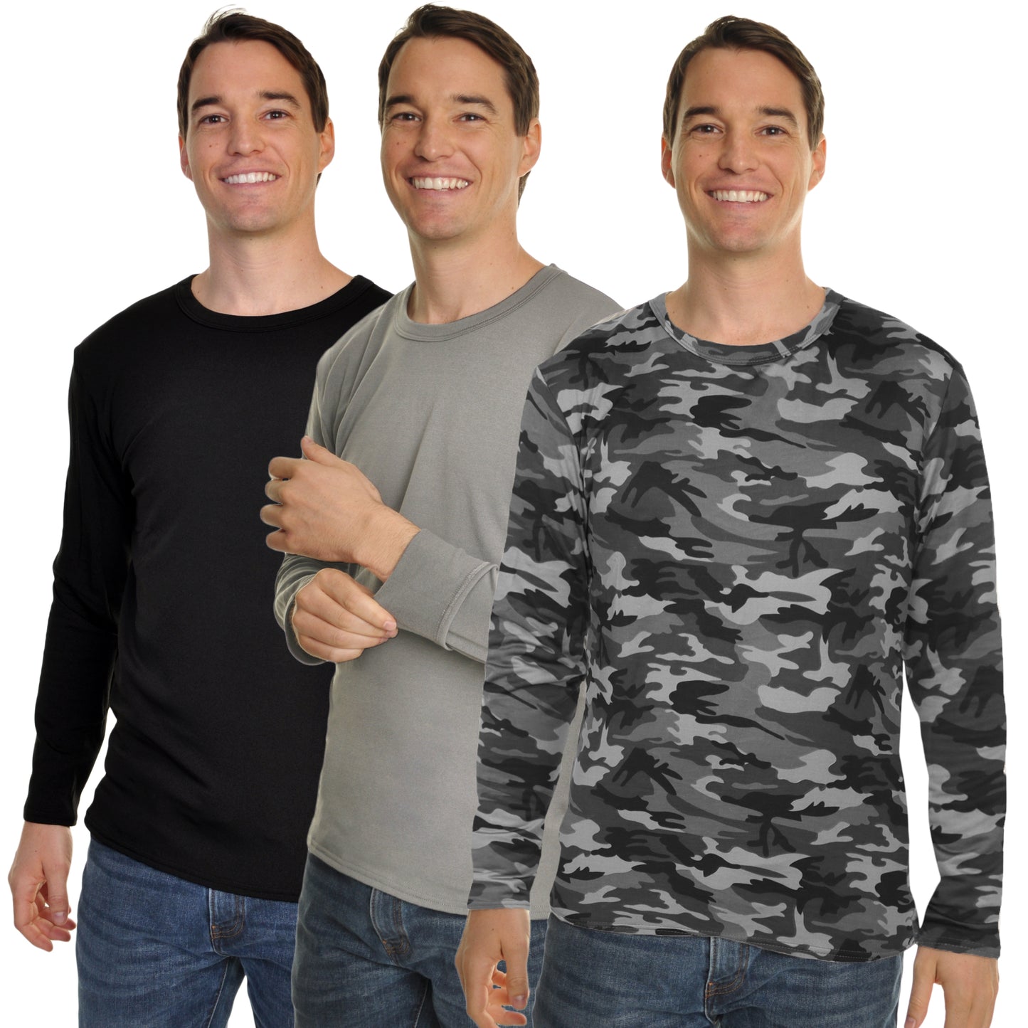 Men's Brushed Fleece Long-Sleeve Crewneck Thermal Tops (3-Pack)