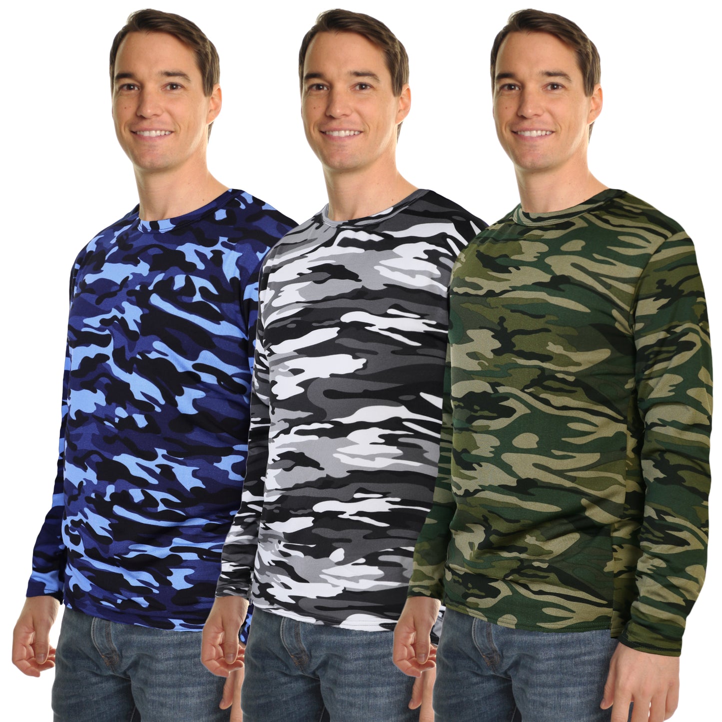Men's Brushed Fleece Long-Sleeve Crewneck Thermal Tops (3-Pack)