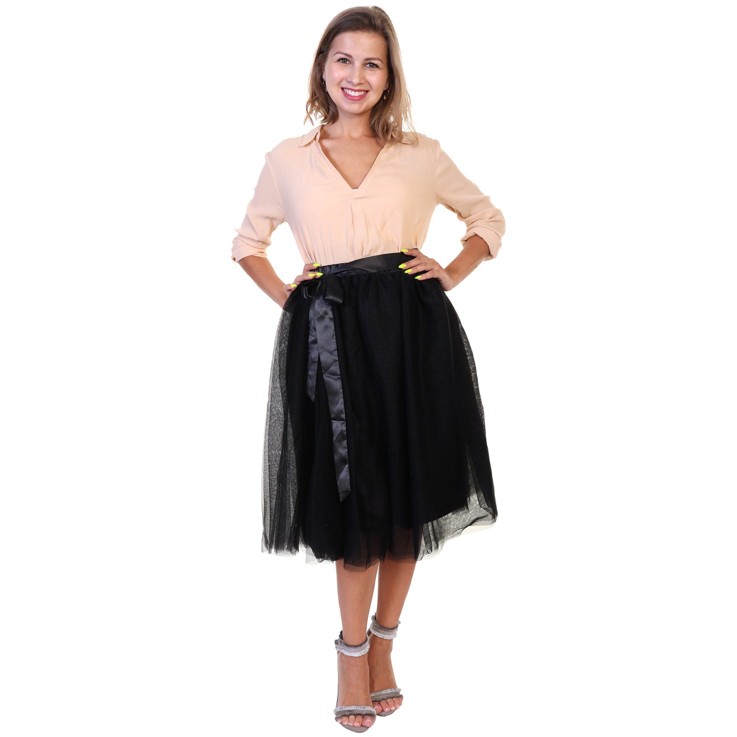 Mesh Tutu Midi Skirt with Detachable Satin Ribbon (1-Pack)