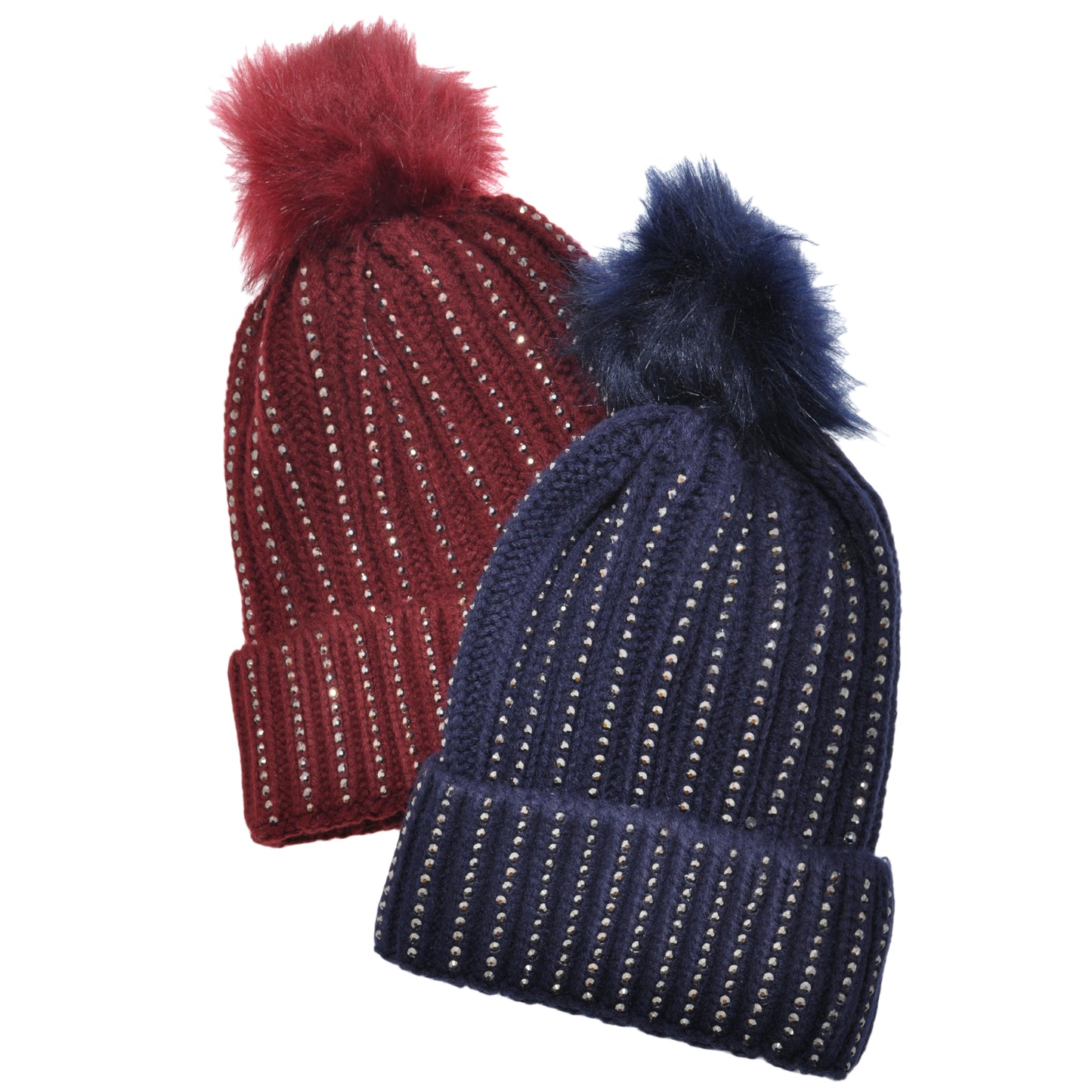 Pom-Pom Knit Beanies with Rhinestone Accent Design (2-Pack)