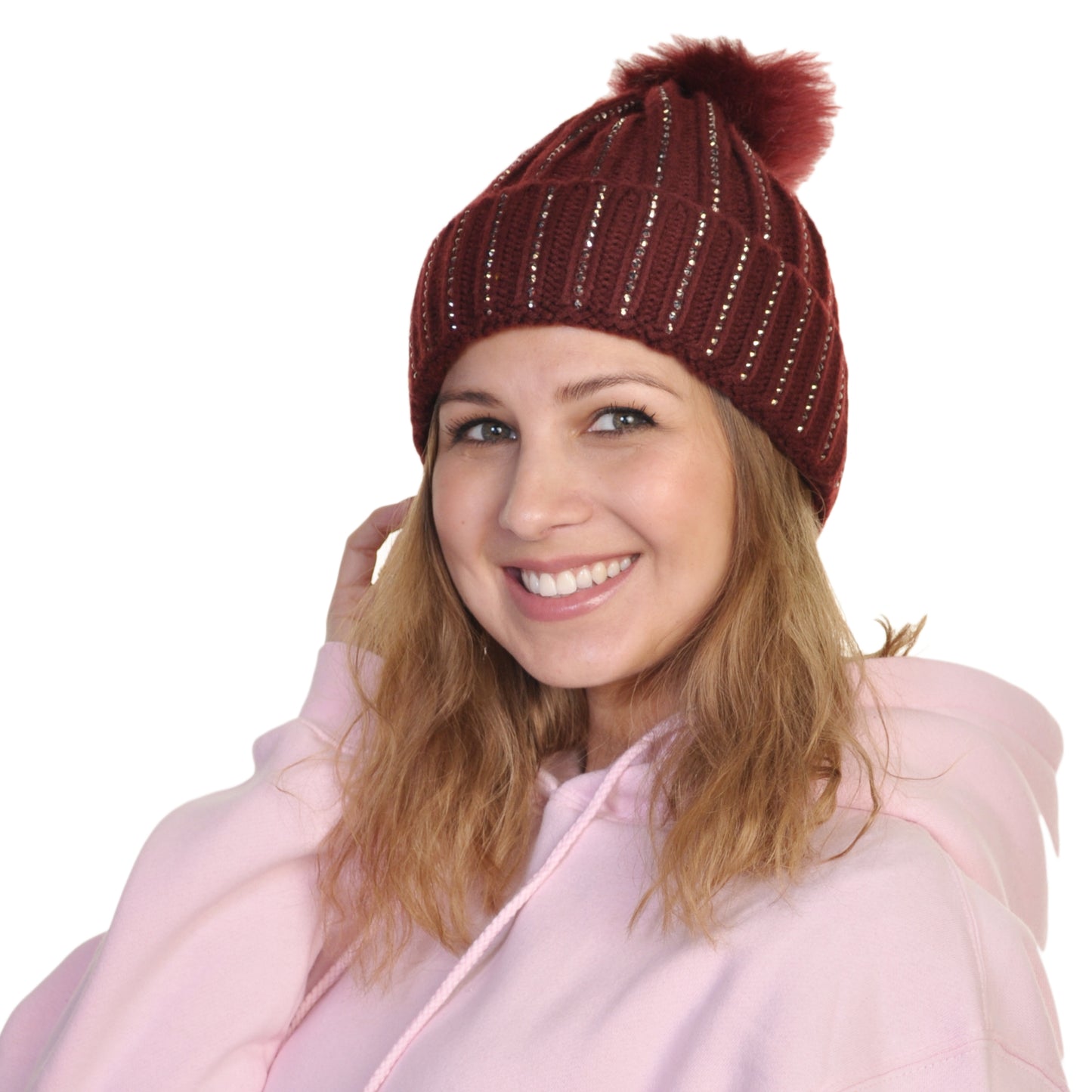 Pom-Pom Knit Beanies with Rhinestone Accent Design (2-Pack)