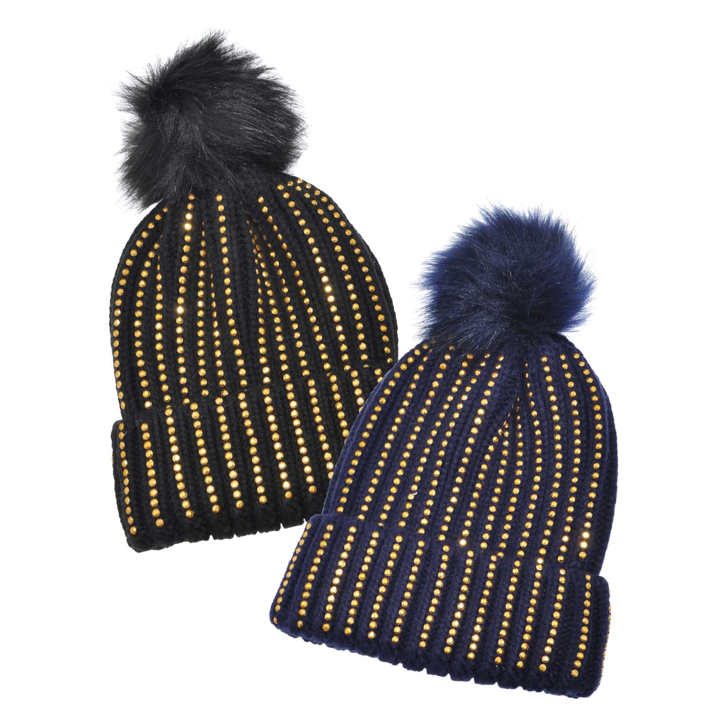 Pom-Pom Knit Beanies with Rhinestone Accent Design (2-Pack)