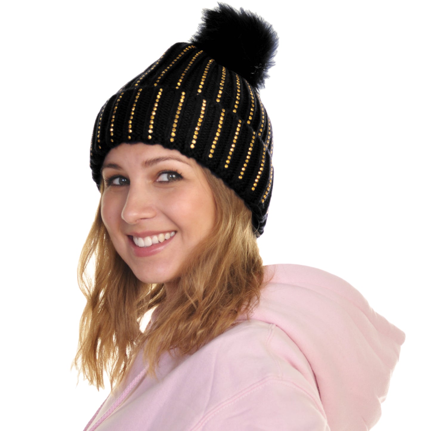Pom-Pom Knit Beanies with Rhinestone Accent Design (2-Pack)