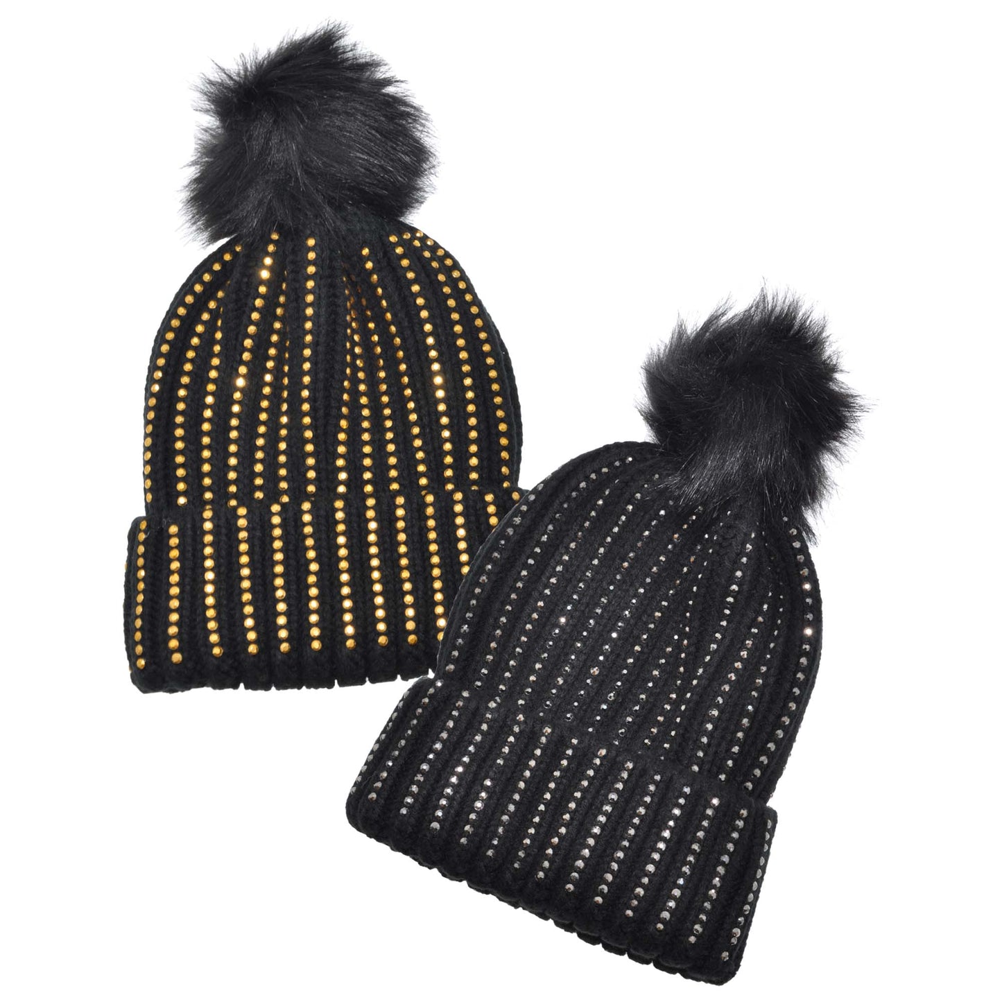 Pom-Pom Knit Beanies with Rhinestone Accent Design (2-Pack)