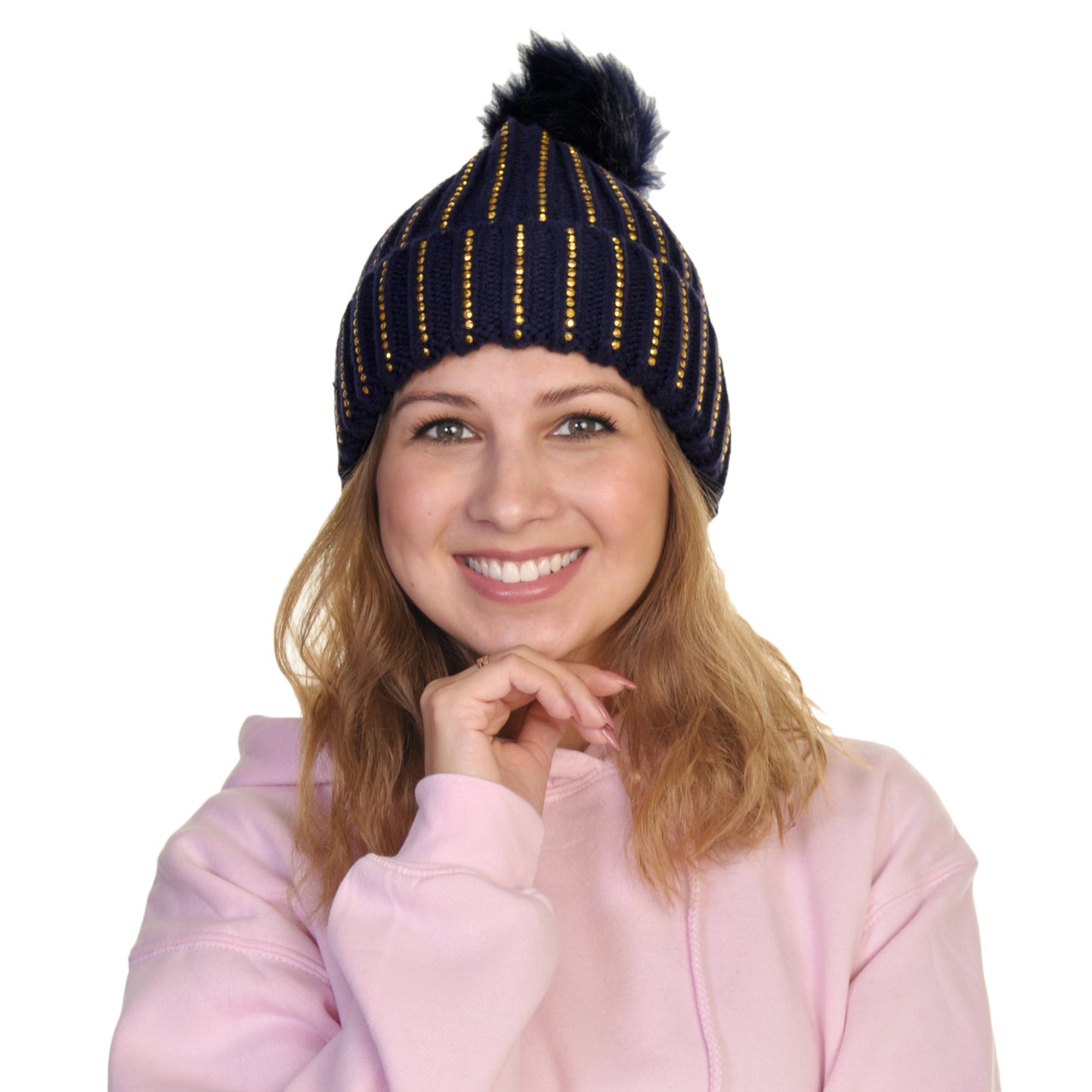Pom-Pom Knit Beanies with Rhinestone Accent Design (2-Pack)