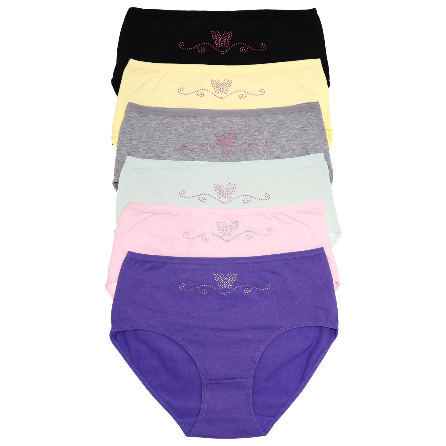 Cotton Mid-rise Briefs with Rhinestone Butterfly Design (6-Pack)
