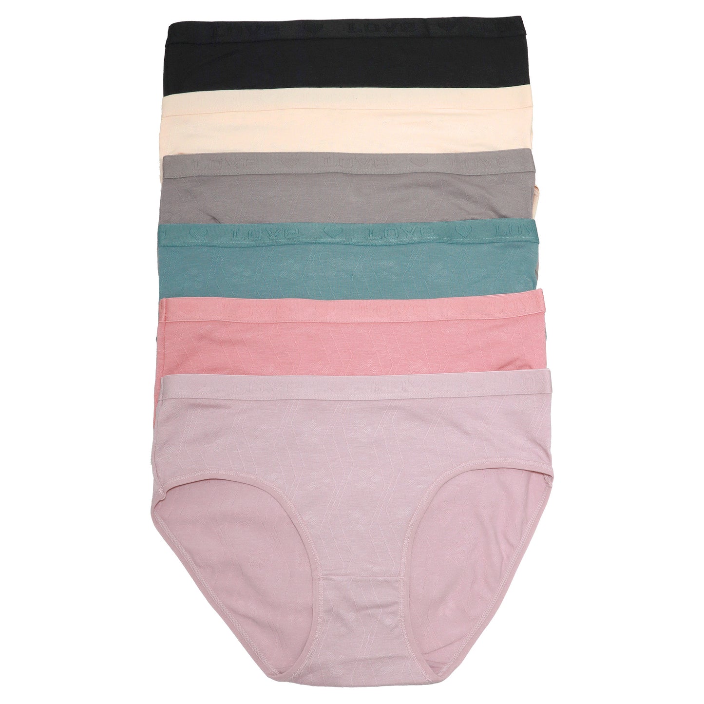 Cotton Hiphugger Panties with Textured Lines and Flowers (6-Pack)