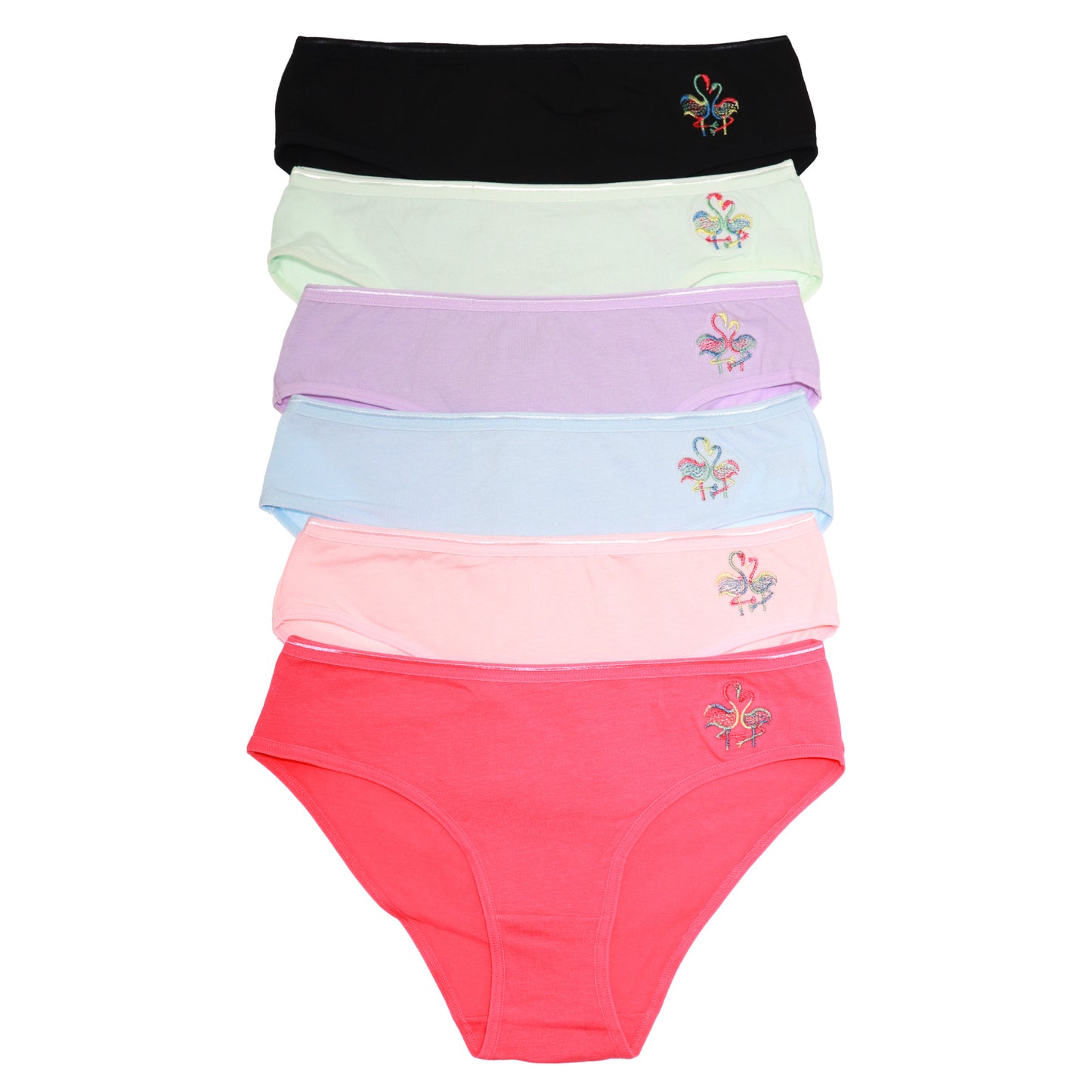 Cotton Bikini Panties with Flamingos Embroidery Design (6-Pack)