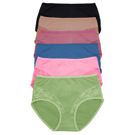 Cotton Classic Mid Rise Brief Panties with Lace Front Sides (6-Pack)