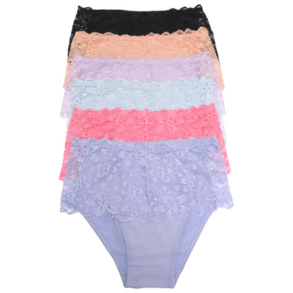 Mid Rise Cotton Brief Panties with Lace Front (6-Pack)