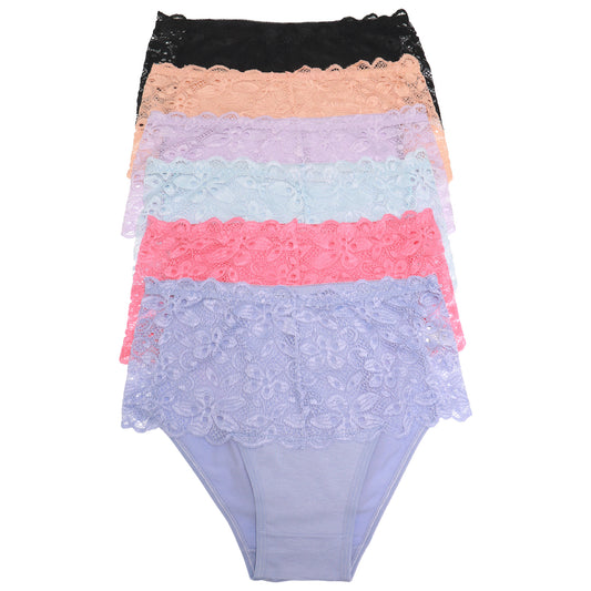 Mid Rise Cotton Brief Panties with Lace Front (6-Pack)