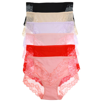 Cotton Mid-Rise Brief Panties with Lace Accent (6-Pack)