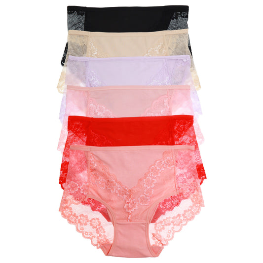 Cotton Mid-Rise Brief Panties with Lace Accent (6-Pack)