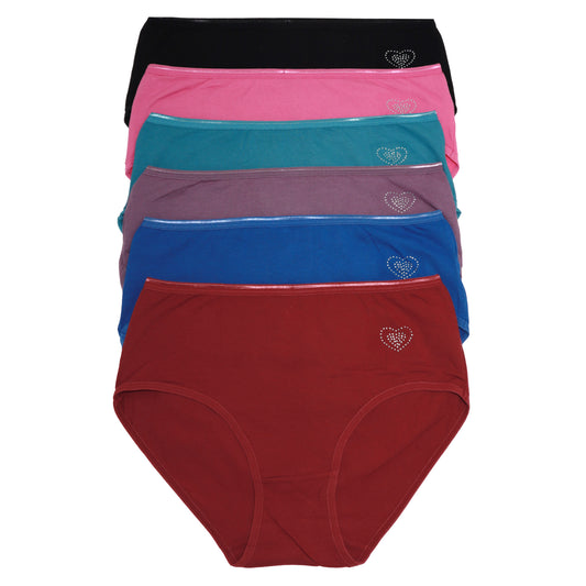Mid Rise Cotton Panties with Rhinestone Heart Hip Detail (6-Pack)