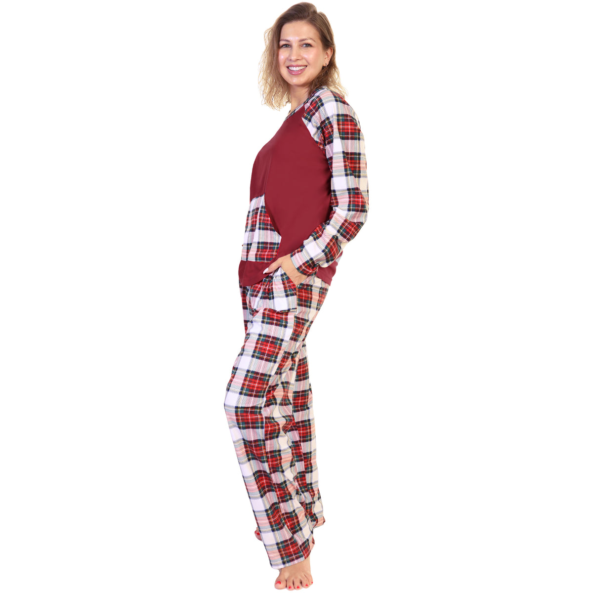 Women's Flannel Kangaroo Pocket Raglan Shirt with Pajama Pants Set (1-Pack)